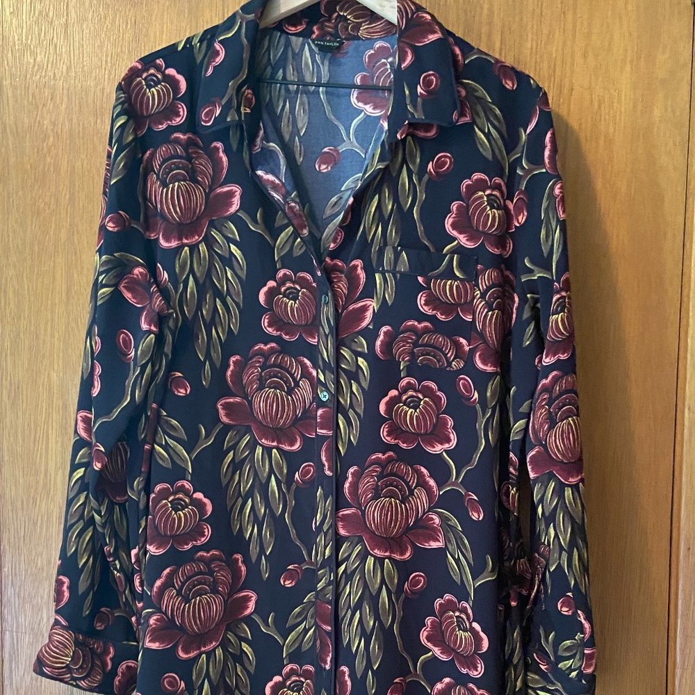 Ann Taylor large print floral shirtdress midi with waist belt / US womens XXL